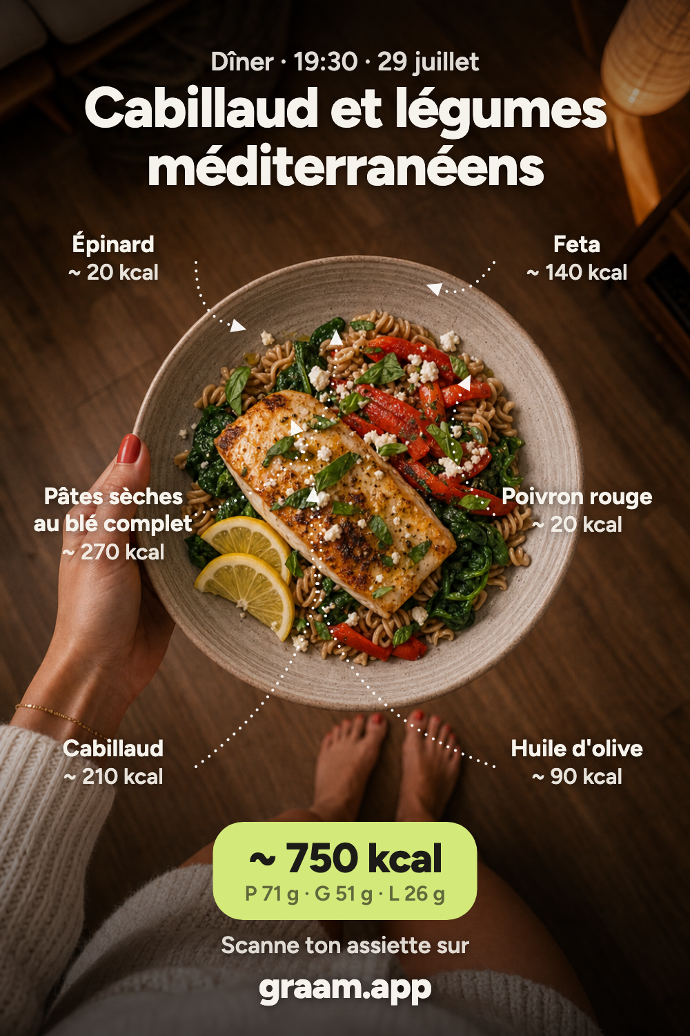 Le même visuel habillé : macros, total calorique et appel au scan