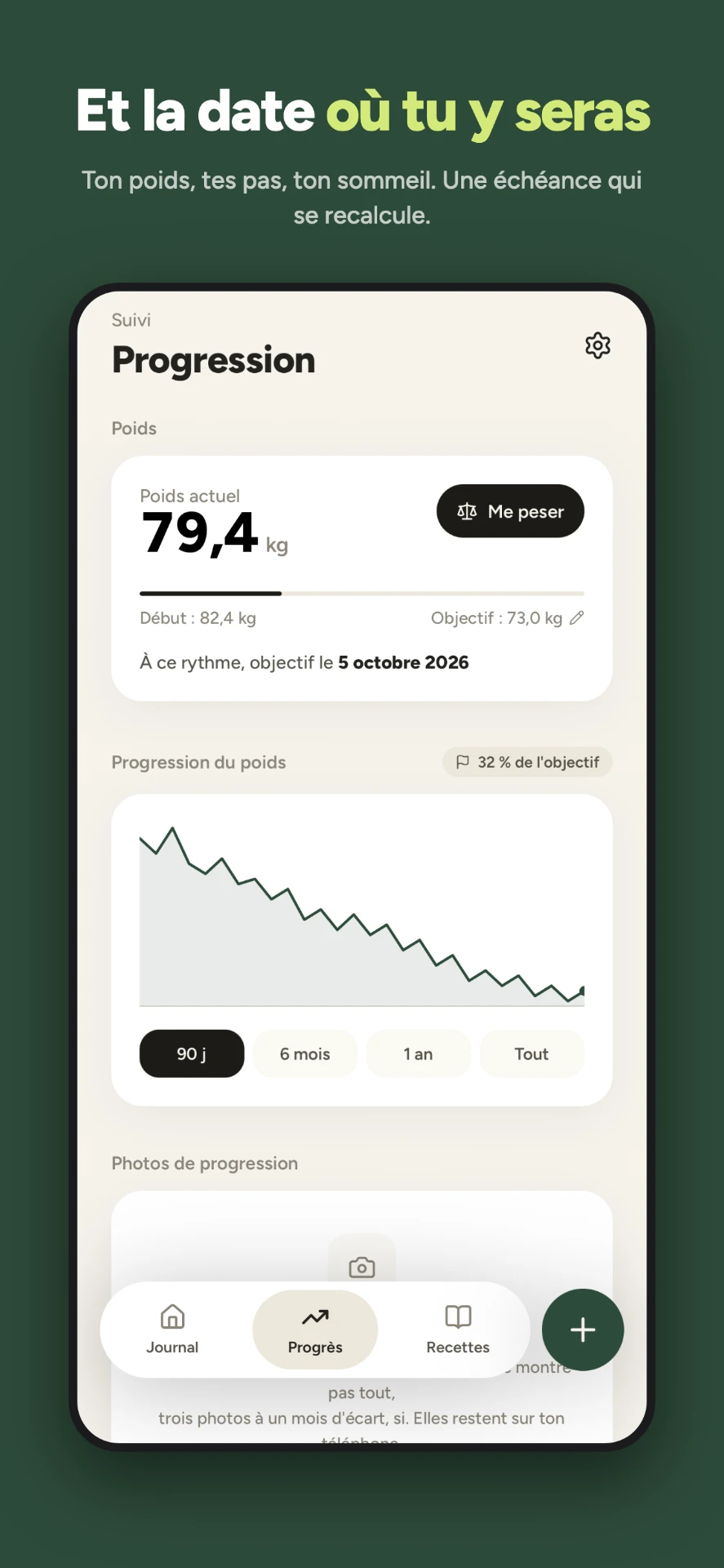 Progression : poids, pas, sommeil et échéance recalculée