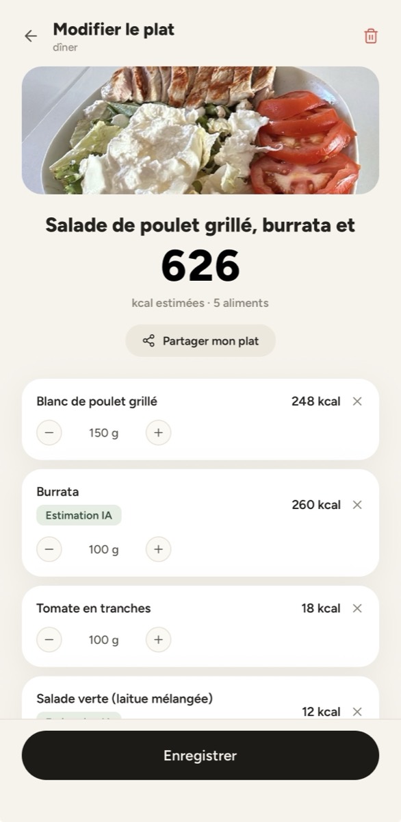 Édition d'un repas — quantités ajustables, ajout manuel ou code-barres