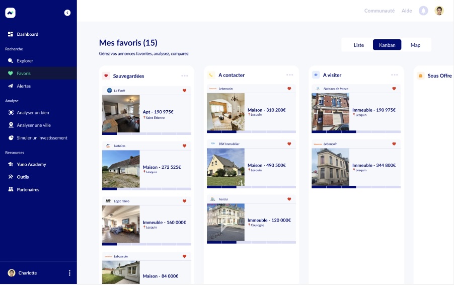 Favoris en vue kanban — annonces sauvegardées, à contacter, à visiter et sous offre
