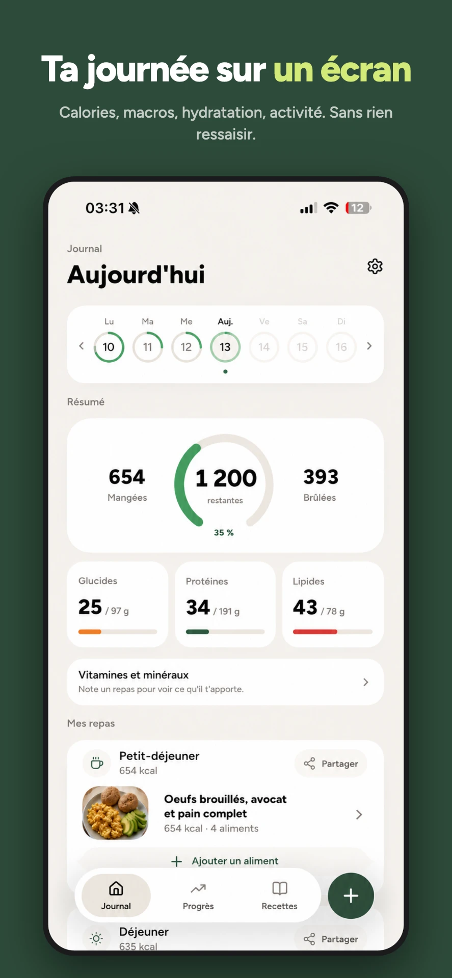 La journée sur un écran : calories, macros, hydratation, activité