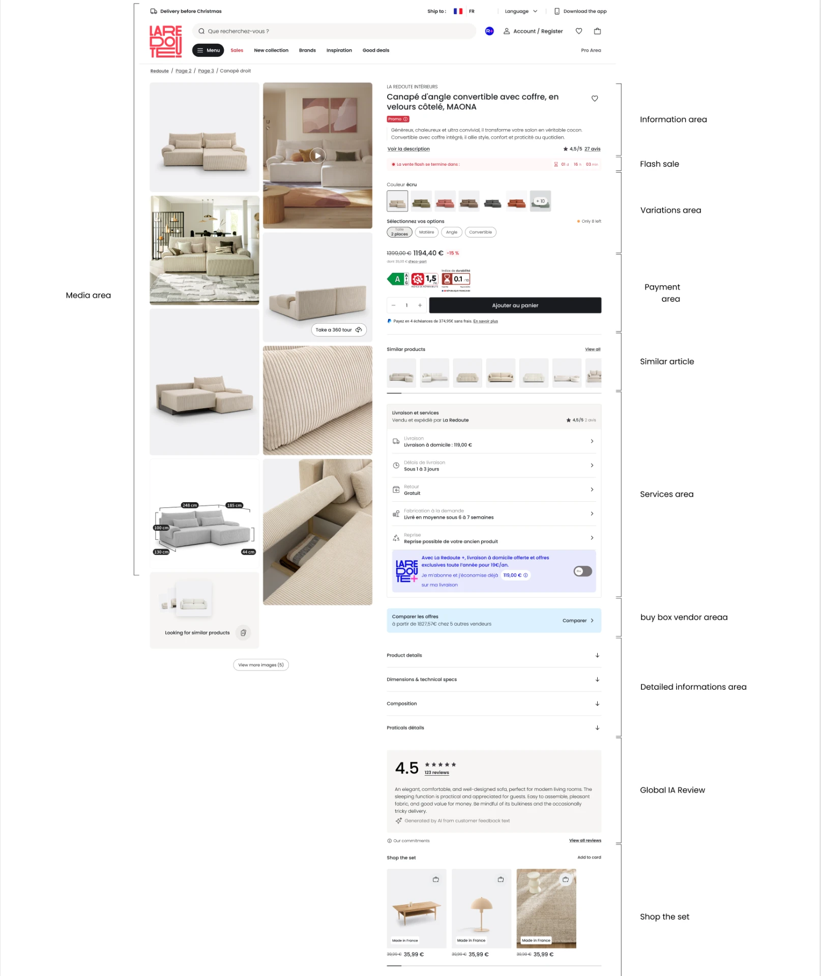 Glossaire desktop — partie haute : médias, informations produit, variations, achat et services