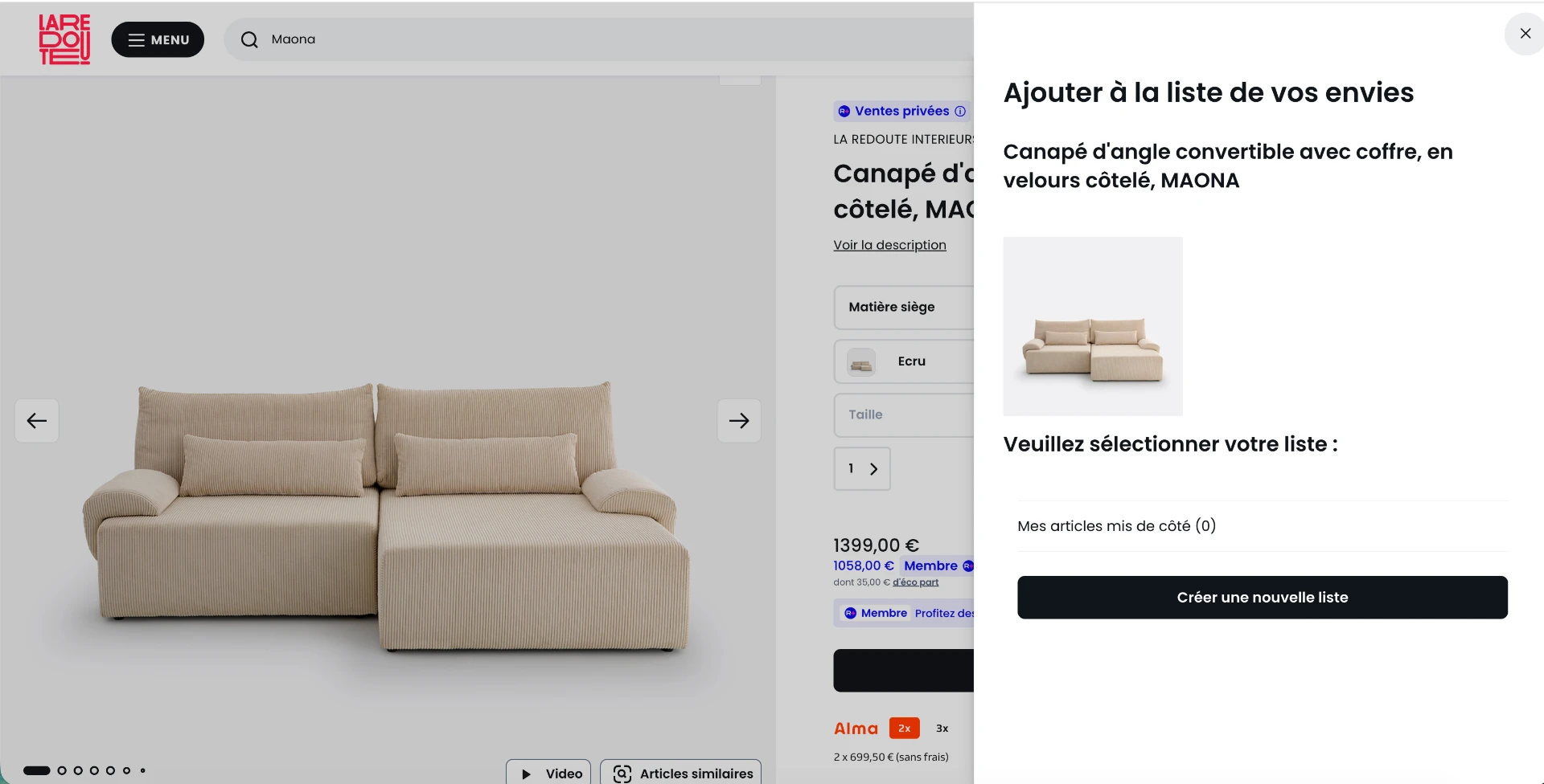Avant — panneau d’ajout aux envies, récapitulatif produit et liste textuelle